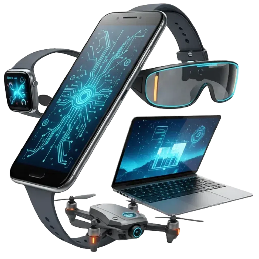 High-tech electronics and gadgets including smartphones, laptops, AI devices, wearables, drones, smart home devices, and robotics showcasing futuristic technology and innovation